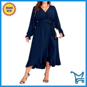 Plus Size Formal Maxi Dress Faux Wrap V Neck Long Sleeve Ruffle Cocktail